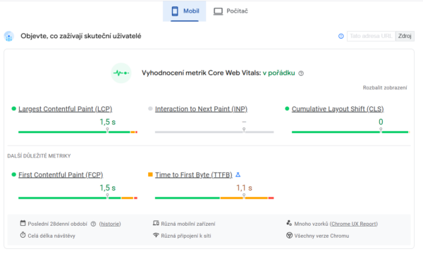 Co zažívají na webu skuteční uživatelé podle PageSpeed Insights